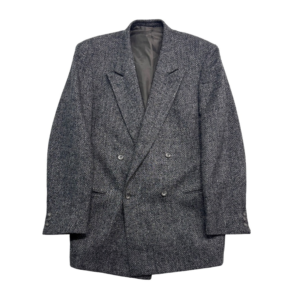vtg 80s Charcoal 42R 44R Tweed Double Breasted Blazer Jacket Sport Coat Germany